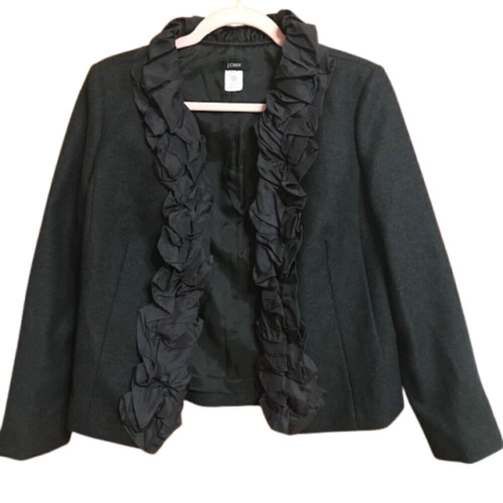 J.Crew Black Wool Silk Chimera Blazer Size 2 Ruffle Front Tailored Career Work - Picture 6 of 11